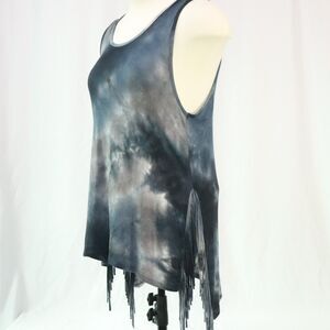 Ginger G  Side Fringed Tank Top Workout Shirt Blouse Black Marble Size L